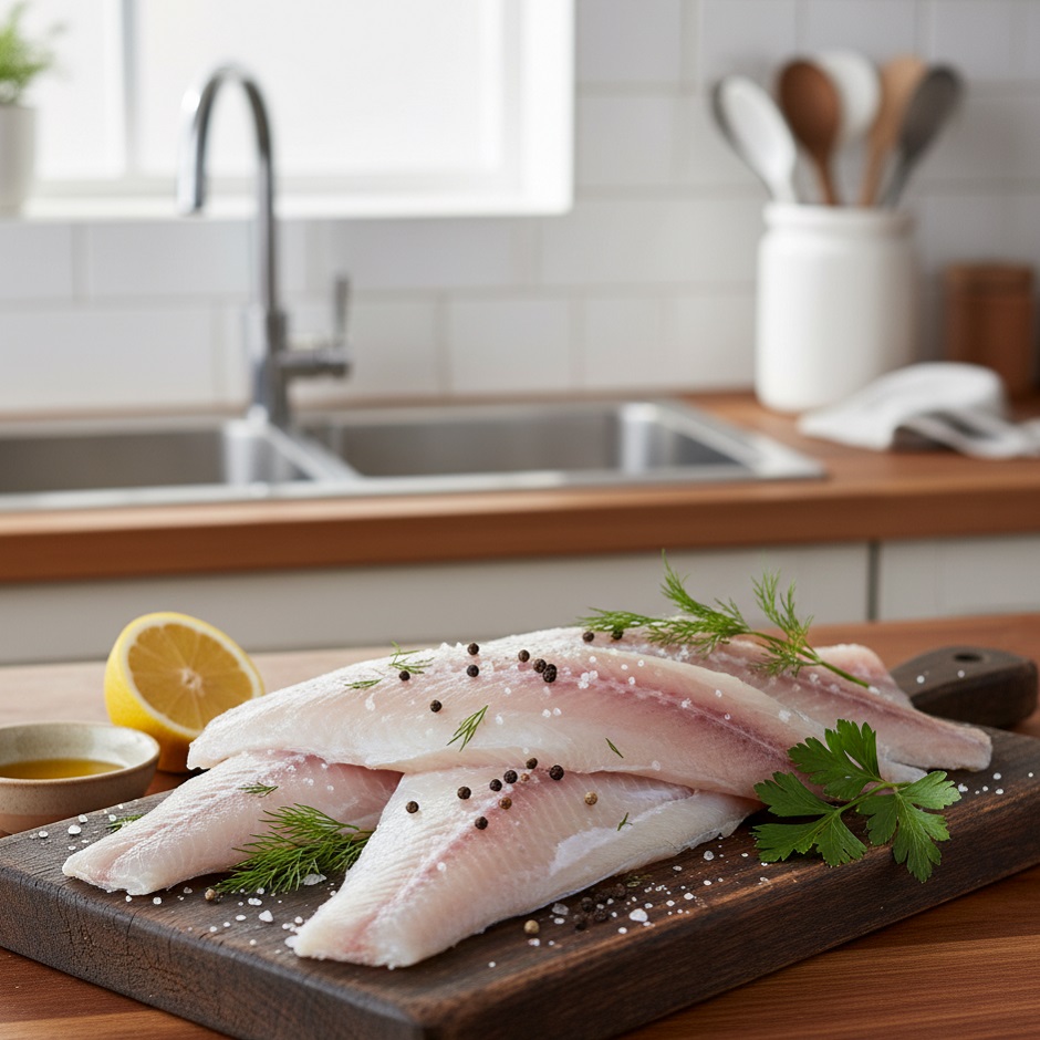 Surowe filety morszczuka ułożone na blacie kuchennym